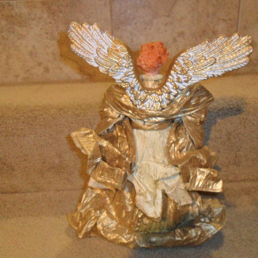 Angel Tree Topper 12" Fabric Paper mache Gold & White Christmas decor - Picture 2 of 5